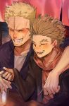  2boys arm_around_shoulder blonde_hair blush boku_no_hero_academia booth_seating cigarette closed_eyes collared_shirt cup drinking_glass ear_piercing earrings facial_hair facial_mark feathered_wings goatee grin hand_on_glass hawks_(boku_no_hero_academia) holding holding_cigarette hood hood_down hoodie indoors jacket jewelry laughing male_focus mm39572 multiple_boys open_mouth piercing red_feathers red_wings scar scar_on_face scar_on_forehead shirt short_hair smile stubble stud_earrings teeth twice_(boku_no_hero_academia) white_shirt wings yellow_eyes 