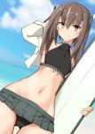  1girl absurdres adapted_costume bikini black_bikini blue_sky bob_cut brown_eyes brown_hair clouds commentary_request cowboy_shot flat_chest grey_skirt groin headgear highres jacket kantai_collection looking_at_viewer pleated_skirt shiba_(zudha) short_hair skirt sky solo surfboard swimsuit taihou_(kancolle) white_jacket 