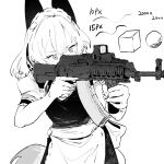  1girl aiming ak-12 animal_ears apron bangs ddari fingernails fox_ears fox_girl fox_tail grey_eyes greyscale hair_between_eyes highres kalashnikov_rifle maid maid_apron maid_headdress monochrome original short_hair short_sleeves simple_background solo tail trigger_discipline white_background white_hair 