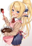  1girl absurdres apron blonde_hair blue_eyes blue_skirt blush bow bowl bowtie brown_cardigan cardigan chocolate collared_shirt cooking cowboy_shot enjo_kouhai eyebrows_visible_through_hair highres holding iris_(takunomi) long_hair looking_at_viewer miniskirt open_mouth pink_apron pleated_skirt pointy_ears ponytail red_bow red_bowtie school_uniform shirt simple_background skirt solo takunomi very_long_hair white_background wing_collar 