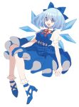  1girl :d absurdres bangs belt blue_bow blue_dress blue_eyes blue_footwear blue_hair bow bowtie cirno dress full_body hair_bow highres ice ice_wings looking_at_viewer open_mouth puffy_short_sleeves puffy_sleeves red_bow red_bowtie shocho_(shaojiujiu) short_hair short_sleeves simple_background smile solo touhou white_background white_legwear wings 