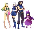 1boy 3girls :d artist_name ashe_(league_of_legends) bangs bare_legs bare_shoulders barefoot beard belt bikini black_belt black_gloves black_pants blonde_hair blue_shorts bow breasts child crossed_arms diving_mask diving_mask_on_head facial_hair fingerless_gloves gloves goggles goggles_on_head green_bikini green_hair hair_bow hood hood_down juliet_sleeves league_of_legends long_hair long_sleeves lulu_(league_of_legends) medium_breasts multiple_girls nami_(league_of_legends) pants pantyhose pink_bow pink_footwear pokemon puffy_sleeves shoes shorts simple_background smile standing swimsuit teeth upper_teeth vmat white_background white_legwear yasuo_(league_of_legends) 