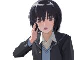  1girl amagami bangs bkhayatej black_hair bob_cut breasts brown_eyes commentary_request eyebrows_visible_through_hair hand_on_own_face highres jacket kibito_high_school_uniform long_sleeves looking_at_viewer medium_breasts nanasaki_ai open_mouth school_uniform short_hair solo 