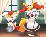  2girls absurdres animal_ear_fluff animal_ears animal_feet animal_hands animal_nose apron black_dress black_fur blue_sky blush body_fur braixen buck_teeth bucket chromatic_aberration cinderace cleaning clothed_pokemon collared_dress commentary_request curtains day dress embarrassed fang flat_chest fox_ears fox_girl fox_tail frilled_apron frilled_dress frills full_body furry furry_female hands_up happy highres holding holding_mop indoors kneeling legs_apart looking_down looking_to_the_side maid maid_apron maid_headdress mop multiple_girls neck_ribbon open_mouth outline partial_commentary pokemon pokemon_(creature) puffy_short_sleeves puffy_sleeves rabbit_ears rabbit_girl rabbit_tail red_eyes red_fur red_ribbon redhead ribbon short_hair short_sleeves skin_fang sky smile standing stick subaru331 tail teeth water white_apron white_fur window wrist_cuffs yellow_fur 
