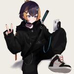  1girl alternate_costume bangs black_hoodie black_nails brown_hair cellphone eyebrows_visible_through_hair fish_hair_ornament hair_behind_ear hair_ornament highres holding holding_phone hood hoodie katana multicolored_hair nijisanji nijisanji_en nike orange_hair petra_gurin phone pwr_taiyo sitting sleeves_past_wrists smartphone solo streaked_hair sword v violet_eyes virtual_youtuber weapon 