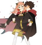  1boy 1girl anya_(spy_x_family) black_hair blush cape carrying damian_desmond flower flower_in_mouth green_eyes hair_ornament highres kleahvii looking_at_another older petals pink_hair princess_carry rose school_uniform simple_background smile spy_x_family 