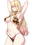  1girl armpits arms_behind_head arms_up bare_shoulders bikini black_bikini black_choker blonde_hair breasts choker collarbone ear_piercing earrings jewelry kitagawa_marin large_breasts long_hair looking_at_viewer navel parted_lips piercing red_eyes solo sono_bisque_doll_wa_koi_wo_suru swimsuit thighs zucchini 