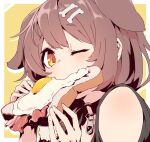  1girl animal_ears bacon bangs black_shirt bone_hair_ornament brown_eyes brown_hair choker commentary_request dog_ears eating extra_ears eyebrows_visible_through_hair food food_in_mouth fried_egg hair_ornament hands_up hashiguma hololive inugami_korone looking_at_viewer o-ring o-ring_choker one_eye_closed shirt short_eyebrows simple_background solo toast virtual_youtuber 