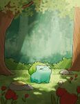  bulbasaur bush closed_eyes closed_mouth commentary day english_commentary fang fang_out flower forest grass highres light_rays nature no_humans outdoors pokemon pokemon_(creature) red_flower rock smile solo teletelo tree watermark 