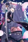  1girl amopui blue_eyes blurry blurry_background blush cherry_blossoms city_lights gloves highres kaga_sumire katana looking_at_viewer lupinus_virtual_games night official_alternate_costume open_mouth scarf sheath silver_hair solo sword unsheathing virtual_youtuber vspo! weapon 