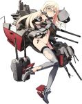  1girl armband bismarck_(kancolle) bismarck_zwei_(kancolle) blonde_hair blush boots breasts brown_gloves cannon defeat detached_sleeves full_body gloves grey_eyes grey_footwear grey_legwear hat hat_removed headwear_removed kantai_collection long_hair mecha_musume medium_breasts official_art open_mouth peaked_cap shimada_fumikane solo thigh-highs torn_clothes torn_legwear 