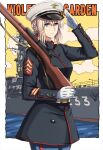  1girl battleship blonde_hair blue_eyes blue_jacket blue_pants closed_mouth derivative_work dress_uniform english_text gloves gun hair_between_eyes hat highres holding holding_weapon insignia jacket japanese_flag looking_at_viewer looking_to_the_side m1_garand military military_hat military_vehicle omachi_(slabco) pants rifle salute ship smile solo violet_evergarden violet_evergarden_(series) warship water watercraft weapon white_gloves white_headwear 
