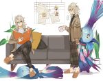  ... 2boys absurdres albedo_(genshin_impact) blonde_hair blue_eyes book brown_jacket brown_pants casual coffee_mug couch crossed_legs cup dual_persona full_body genshin_impact highres holding holding_book holding_cup jacket mug multiple_boys pants pillow pnk_crow reading sandals shirt sitting slippers white_background white_shirt 