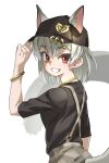  1girl absurdres animal_ears bangs baseball_cap black_headwear black_shirt bracelet brown_eyes chain_necklace ears_through_headwear eastern_quoll_(kemono_friends) extra_ears eyebrows_visible_through_hair grey_hair grin hair_between_eyes hand_on_headwear hat hat_ring highres jewelry kemono_friends looking_at_viewer medium_hair necklace shirt simple_background smile solo suspenders tail tail_through_clothes tanabe_(fueisei) white_background wrist_chain 