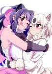  2girls :q animal_ear_fluff animal_ears arm_around_shoulder bangs bare_arms bare_shoulders bear_ears bear_girl bear_tail bergman&#039;s_bear_(kemono_friends) black_hair blush bow bowtie breast_press breasts closed_mouth collared_shirt colored_inner_hair empty_eyes extra_ears eye_contact eyebrows_visible_through_hair face-to-face fur-trimmed_sleeves fur_bracelet fur_collar fur_trim gloves grey_hair hair_between_eyes hair_bow hand_on_another&#039;s_waist height_difference high-waist_skirt high_collar high_ponytail highres hug huge_bow huge_breasts kemono_friends long_hair long_sleeves looking_at_another mamiyama medium_hair multicolored_hair multiple_girls neck_ribbon one_eye_closed polar_bear_(kemono_friends) ribbon shirt sidelocks simple_background skirt sleeveless sleeveless_shirt smile suspender_skirt suspenders sweater swept_bangs symmetrical_docking tail tongue tongue_out two-tone_hair violet_eyes white_background white_hair white_shirt 