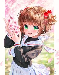  1girl :d absurdres antenna_hair bangs black_skirt blush border brown_hair cardcaptor_sakura cherry_blossoms eyebrows_visible_through_hair fingernails flower green_eyes hair_bobbles hair_ornament hands_up heartki highres holding holding_flower kinomoto_sakura long_sleeves looking_at_viewer open_mouth outdoors outside_border petals pillarboxed pink_flower pleated_skirt signature skirt smile solo teeth two_side_up uniform upper_teeth white_border white_skirt 