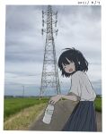  1girl :d black_skirt bottle closed_eyes clouds cloudy_sky commentary_request copyright_request dated expression_request field grass medium_hair mixed_media photo_(medium) photo_background plastic_bottle road sad_smile shirt short_sleeves skirt sky smile teardrop transmission_tower umi_ha_kirai water_bottle white_shirt 