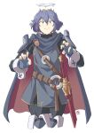  1girl alternate_hairstyle armor automatic_giraffe bangs blue_eyes blue_hair blush breasts cape closed_mouth cowboy_shot embarrassed english_commentary falchion_(fire_emblem) fingerless_gloves fire_emblem fire_emblem_awakening gloves looking_at_viewer lucina_(fire_emblem) short_hair shoulder_armor solo tiara weapon 