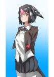  1girl absurdres arms_behind_back bird_girl bird_tail bird_wings black_hair black_neckwear black_skirt brown_jacket collared_shirt cowboy_shot eyebrows_visible_through_hair greater_honeyguide_(kemono_friends) hair_between_eyes head_wings highres jacket kemono_friends looking_at_viewer multicolored_hair open_clothes open_jacket panties pink_hair pleated_skirt shirt short_hair skirt smile solo tail tanabe_(fueisei) underwear white_hair white_legwear white_shirt wings yellow_eyes 