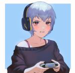  1girl ayanami_rei bangs black_sweater blue_background blue_hair blush border controller emknov game_controller headphones highres holding holding_controller holding_game_controller long_sleeves neon_genesis_evangelion off_shoulder parted_lips playing_games red_eyes shadow short_hair simple_background solo sweater upper_body white_border 