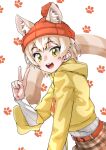  1girl :d absurdres animal_ears animal_print beanie belt blonde_hair brown_skirt cat_(kemono_friends) cat_ears cat_girl cat_print cat_tail cowboy_shot ears_through_headwear extra_ears eyebrows_visible_through_hair hat highres hood hood_down kemono_friends kemono_friends_3 light_brown_hair long_sleeves multicolored_hair official_alternate_costume open_mouth orange_headwear plaid plaid_skirt shirt short_hair skirt smile solo sweater tail tanabe_(fueisei) v white_shirt yellow_eyes yellow_sweater 