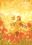  1girl bird brown_eyes brown_hair commentary dress english_commentary feet_out_of_frame flower grass highres jumping long_hair long_sleeves looking_at_viewer orange_flower orange_sky orange_theme original outstretched_arms penguin sky smile spread_arms tabi_(tabisumika) tulip white_dress 