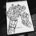  clenched_hands decepticon english_commentary fighting_stance greyscale highres ink_(medium) looking_at_viewer mecha monochrome no_humans notebook pen science_fiction solo soundwave subjekt_zero traditional_media transformers 