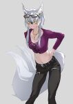  1girl absurdres animal_ear_fluff animal_ears bangs belt black_pants extra_ears eyebrows_visible_through_hair eyewear_on_head grey_background grey_hair hair_between_eyes hand_on_hip highres jewelry kemono_friends long_sleeves looking_at_viewer makami_(kemono_friends) midriff multiple_tails navel necklace official_alternate_costume pants short_hair_with_long_locks sidelocks simple_background smile solo sunglasses tail tanabe_(fueisei) wolf_ears wolf_tail yellow_eyes 