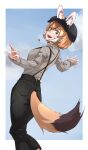  1girl :d absurdres animal_ear_fluff animal_ears black_hair black_pants cabbie_hat dhole_(kemono_friends) dog_ears dog_girl dog_tail ears_through_headwear extra_ears from_behind from_below grey_sweater hat highres jewelry kemono_friends kemono_friends_3 light_brown_hair long_sleeves looking_at_viewer looking_back multicolored_hair necklace official_alternate_costume open_mouth orange_eyes pants short_hair smile solo striped striped_sweater suspenders sweater tail tanabe_(fueisei) turtleneck turtleneck_sweater two-tone_hair white_hair 