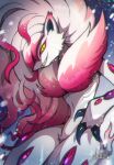  claws colored_sclera commentary_request furry green_eyes grey_fur grin highres hisuian_zoroark looking_at_viewer michizuki orange_sclera pokemon pokemon_(creature) red_fur sharp_teeth smile solo teeth 