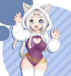  1girl alexalap alexalapp animal_ears blue_eyes cat_ears cat_girl cat_tail fang highres hood hoodie pale_skin silver_hair tail thick_thighs thigh-highs thighs vdonburi virtual_youtuber 