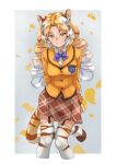  1girl absurdres animal_ears animal_print arm_behind_back blonde_hair blue_bow blue_bowtie bow bowtie collared_shirt cowboy_shot curly_hair drill_hair eyebrows_visible_through_hair forehead garter_straps golden_tabby_tiger_(kemono_friends) highres jacket japari_symbol kemono_friends long_hair long_sleeves looking_at_viewer plaid plaid_skirt plaid_trim pleated_skirt print_legwear shirt skirt solo tail tanabe_(fueisei) thigh-highs tiger_ears tiger_girl tiger_print tiger_tail twin_drills white_hair white_shirt yellow_eyes yellow_jacket yellow_skirt zettai_ryouiki 