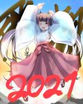  1girl 2021 alternate_costume arms_up bangs black_hair blunt_bangs blush breasts brown_footwear commentary_request dameyoshi demon_girl demon_horns demon_tail eyebrows_visible_through_hair full_body geta hakama hakama_skirt highres horns japanese_clothes kojo_anna long_hair looking_at_viewer medium_breasts miko multicolored_hair one_eye_closed open_mouth pink_skirt purple_hair skirt smile solo sugar_lyric tail twintails two-tone_hair virtual_youtuber wide_sleeves yellow_eyes 