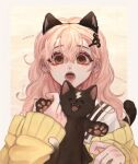  1girl animal_ears artist_name bangs black_cat blush brown_eyes cat cat_hair_ornament earrings fake_animal_ears hair_between_eyes hair_ornament hands_up jewelry long_hair long_sleeves looking_at_viewer open_mouth original pink_hair solo sweater xmiaoxie yellow_sweater 