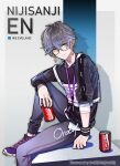  1boy black_nails black_sweater blue_hair brown_hair can character_name coca-cola copyright_name cosplay earrings english_commentary eyebrows_visible_through_hair from_side glasses holding holding_can ike_eveland jewelry lanyard male_focus multicolored_hair nijisanji nijisanji_en ordif pants purple_footwear purple_pants selen_tatsuki selen_tatsuki_(cosplay) shoes sitting smile sneakers solo streaked_hair sweater virtual_youtuber 