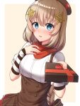  1girl blonde_hair blue_eyes blush breasts eyebrows_visible_through_hair fnc_(girls&#039;_frontline) gift girls_frontline highres holding holding_gift large_breasts lips looking_at_viewer medium_hair parted_lips rynzfrancis solo upper_body 