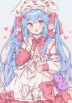  1girl ame_ame blue_eyes blue_hair blush bow eyebrows_visible_through_hair hair_bow hair_ornament hairclip hatsune_miku heart highres long_hair looking_at_viewer open_mouth pink_bow smile solo twintails vocaloid 