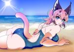  1girl absurdres animal_ears ass beach black_hair blue_swimsuit breasts brown_gloves brown_hair caracal_(kemono_friends) caracal_ears day elbow_gloves eyebrows_visible_through_hair from_side gloves gradient_hair highres kemono_friends large_breasts looking_at_viewer lying mamiyama multicolored_hair ocean on_stomach one-piece_swimsuit outdoors sand short_hair solo swimsuit tail 