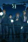  4boys adjusting_clothes arm_at_side arms_at_sides barbed_wire black_hair black_necktie blonde_hair brown_hair building clenched_teeth cracked_floor cube echo_(circa) fat fat_man furrowed_brow glowing guard_rail hand_in_pocket jacket kazama_souya kizaki_reiji lineup long_sleeves looking_at_viewer multicolored_hair multiple_boys necktie night open_clothes open_jacket outdoors outstretched_hand pants red_eyes reflective_floor shoes standing suwa_koutarou teeth terashima_raizou two-tone_hair uniform world_trigger 