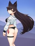  1girl absurdres animal_ears ass atago_(azur_lane) azur_lane bikini black_bikini black_hair breasts brown_eyes butt_crack closed_mouth commission d-floe eyebrows_visible_through_hair from_behind highres large_breasts long_hair long_sleeves looking_at_viewer shrug_(clothing) smile solo swimsuit 