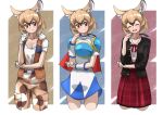  1girl animal_ears arle_nadja arle_nadja_(cosplay) armor belt black_jacket blue_shirt blue_skirt blush bow bowtie brown_hair brown_pants brown_vest camouflage camouflage_pants cape collarbone cosplay cowboy_shot extra_ears eyebrows_visible_through_hair fur_collar gambian_rat_(kemono_friends) highres jacket kemono_friends kemono_friends_3 light_brown_hair mouse_ears mouse_girl mouse_tail multicolored_hair multiple_views official_alternate_costume open_clothes open_jacket pants pauldrons plaid plaid_skirt pleated_skirt puyopuyo red_bow red_bowtie red_cape red_eyes red_skirt school_uniform shirt short_hair short_sleeves shoulder_armor skirt t-shirt tail tanabe_(fueisei) vest white_fur white_hair white_shirt 