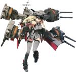  1girl bismarck_(kancolle) bismarck_zwei_(kancolle) blonde_hair boots breasts brown_gloves cannon detached_sleeves full_body gloves grey_eyes grey_footwear grey_legwear hat kantai_collection large_breasts long_hair mecha_musume official_art open_mouth peaked_cap shimada_fumikane solo thigh-highs 