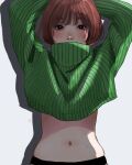  1girl arms_up bangs black_eyes blush brown_hair covered_mouth cropped_sweater green_sweater highres long_sleeves looking_at_viewer midriff mole_on_stomach navel original shadow short_hair simple_background solo sweater turtleneck turtleneck_sweater upper_body white_background yellowunk 