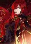  1girl armored_boots bangs black_bodysuit bodysuit boots breasts cape chain collared_cape family_crest fate/grand_order fate_(series) gloves hair_over_one_eye highres kuzen light_particles long_hair looking_at_viewer medallion oda_nobunaga_(fate) oda_nobunaga_(maou_avenger)_(fate) oda_uri open_mouth popped_collar red_cape red_eyes redhead smile solo type-moon 