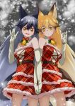  2girls :d absurdres animal_ear_fluff animal_ears bangs bare_shoulders bell black_hair blonde_hair breasts detached_collar dress elbow_gloves extra_ears eyebrows_visible_through_hair ezo_red_fox_(kemono_friends) fox_ears fox_girl fox_shadow_puppet fox_tail fur-trimmed_dress fur_trim gloves grey_hair hair_between_eyes hand_up highres holding_hands kemono_friends long_hair medium_breasts multicolored_hair multiple_girls neck_bell orange_eyes plaid plaid_dress red_dress silver_fox_(kemono_friends) smile snowing strapless strapless_dress tail tanabe_(fueisei) very_long_hair white_gloves 