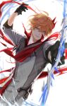  1boy absurdres black_gloves blue_eyes bow_(weapon) closed_mouth genshin_impact gloves highres holding holding_bow_(weapon) holding_weapon jacket long_sleeves looking_at_viewer orange_hair pnk_crow short_hair smile solo tartaglia_(genshin_impact) weapon white_background white_jacket 