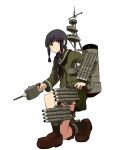  1girl bangs black_eyes black_hair blunt_bangs braid full_body green_skirt hair_over_shoulder kantai_collection kitakami_(kancolle) kitakami_kai_(kancolle) kneeling long_hair long_sleeves machinery official_art pleated_skirt school_uniform serafuku shibafu_(glock23) single_braid skirt solo tachi-e transparent_background turret 