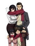  2boys 2girls :d ^_^ bird black_eyes black_hair blush breasts brown_hair child closed_eyes closed_mouth dual_persona eren_yeager hair_between_eyes hand_in_pocket highres jacket looking_at_viewer looking_to_the_side mikasa_ackerman multiple_boys multiple_girls open_mouth own_hands_together pants red_scarf scarf scarf_over_mouth shared_scarf shingeki_no_kyojin shirt short_hair simple_background smile tina_fate white_background 