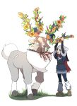  1girl absurdres akari_(pokemon) antlers black_hair flower galaxy_expedition_team_survey_corps_uniform grass head_scarf highres hooves loose_socks plant pokemon pokemon_(creature) pokemon_(game) pokemon_legends:_arceus qwertybees red_scarf scarf smile wyrdeer 