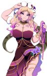  1girl african_rock_python_(kemono_friends) arm_up bare_shoulders blonde_hair breasts closed_mouth dress eyelashes flower hand_up hat head_tilt highres holding holding_whip jewelry kemono_friends large_breasts long_hair looking_at_viewer mamiyama multicolored_hair purple_hair smile solo strapless strapless_dress two-tone_hair violet_eyes weapon whip 